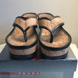 Prada Black And Cork Thong Wedge Sandals-Size 35